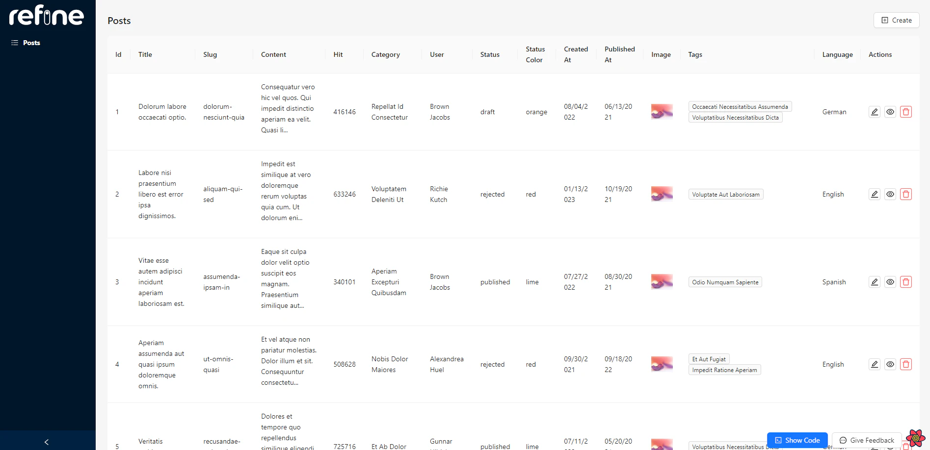 Refine posts list with CRUD actions