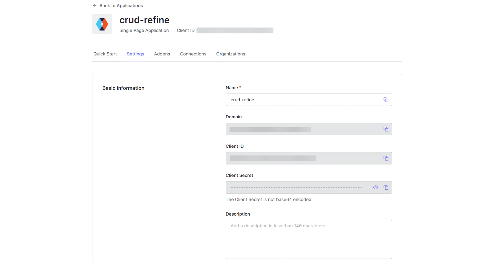 Auth0 domain and client ID values