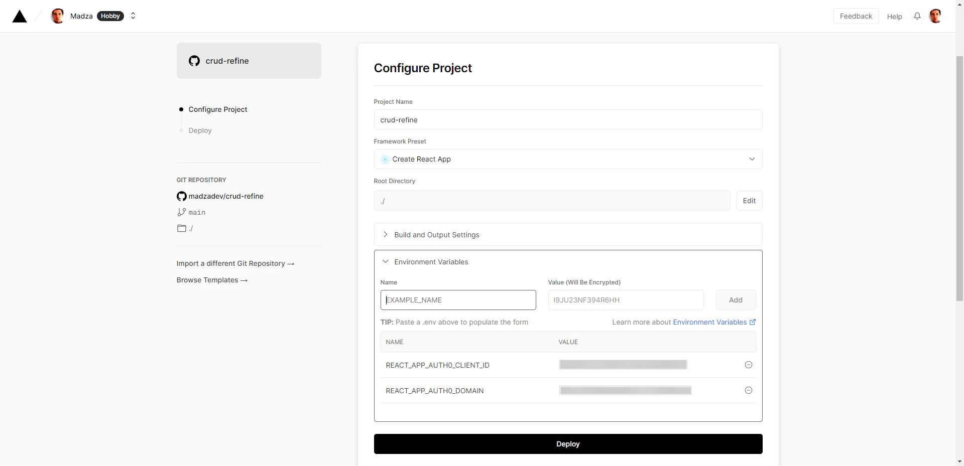 Vercel environment variables settings