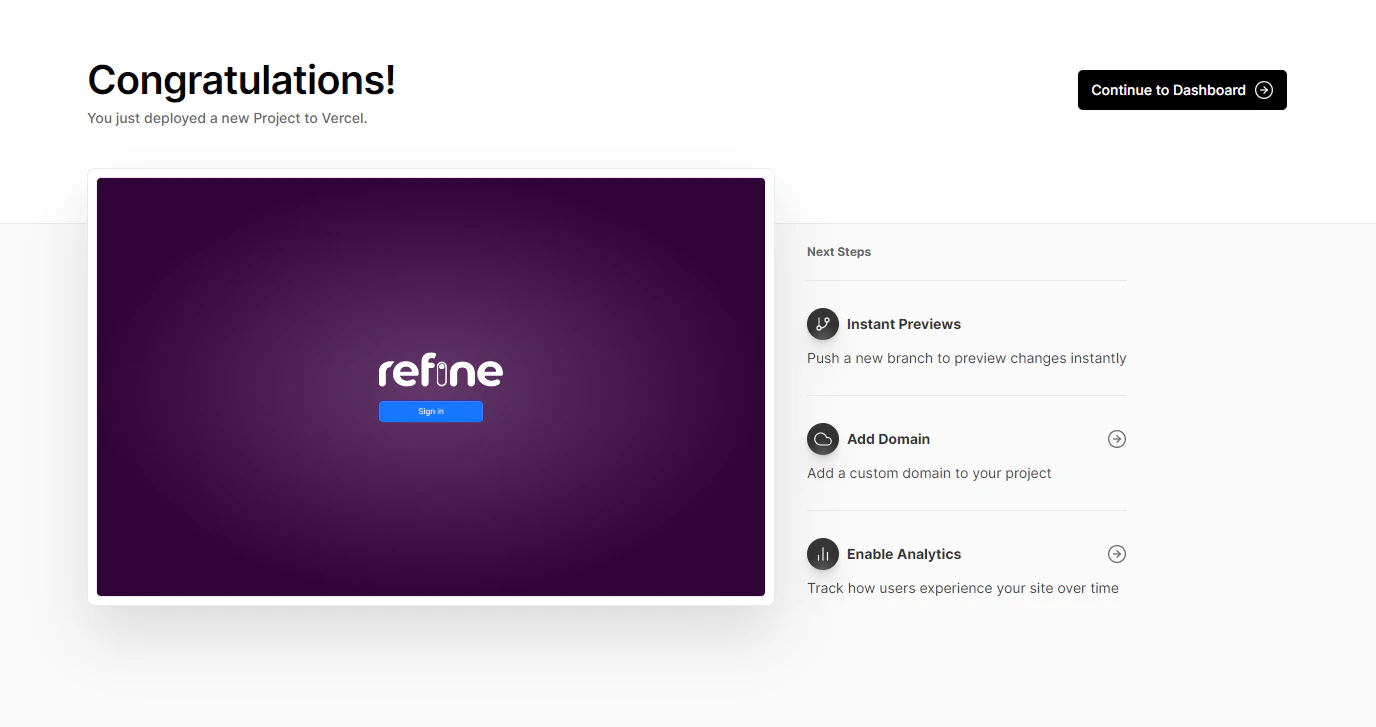 Vercel deployment success screen