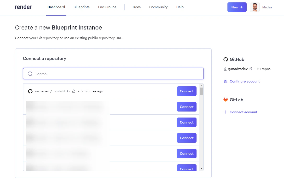 Render GitHub repo selection