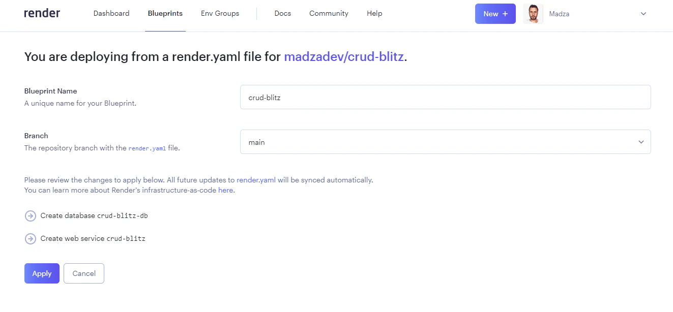 Render blueprint apply screen