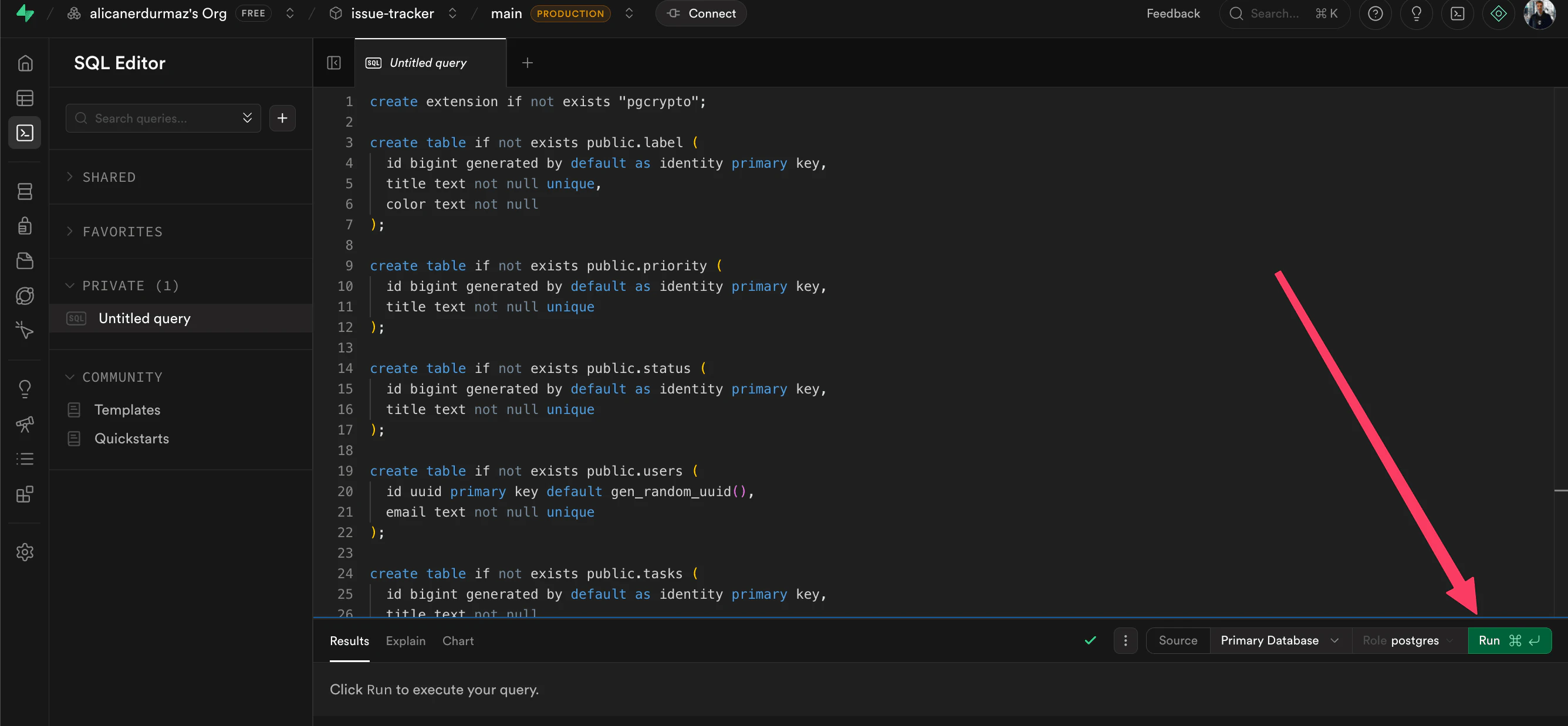 Running the SQL query in Supabase SQL Editor