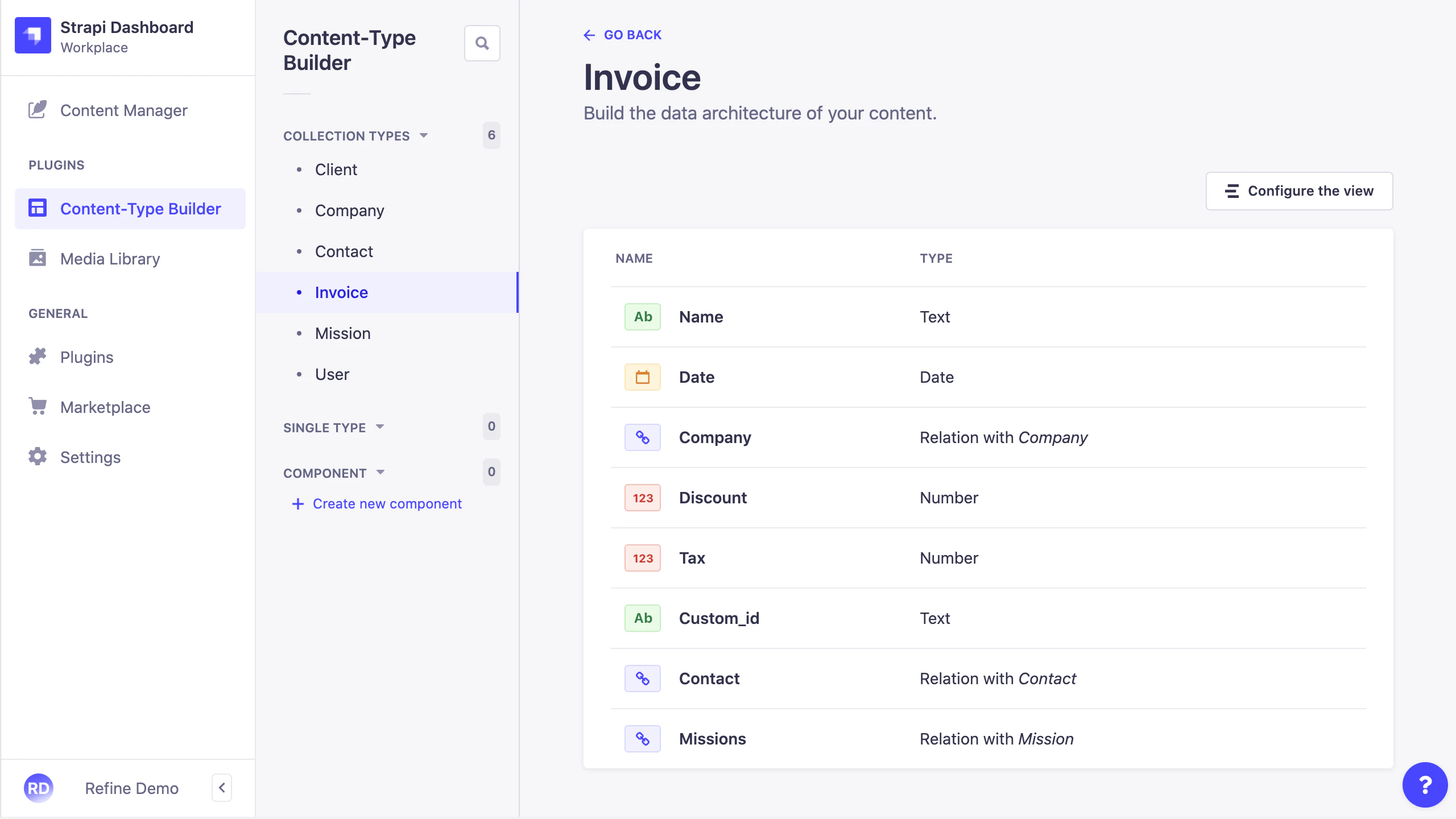 Strapi invoices collection type structure