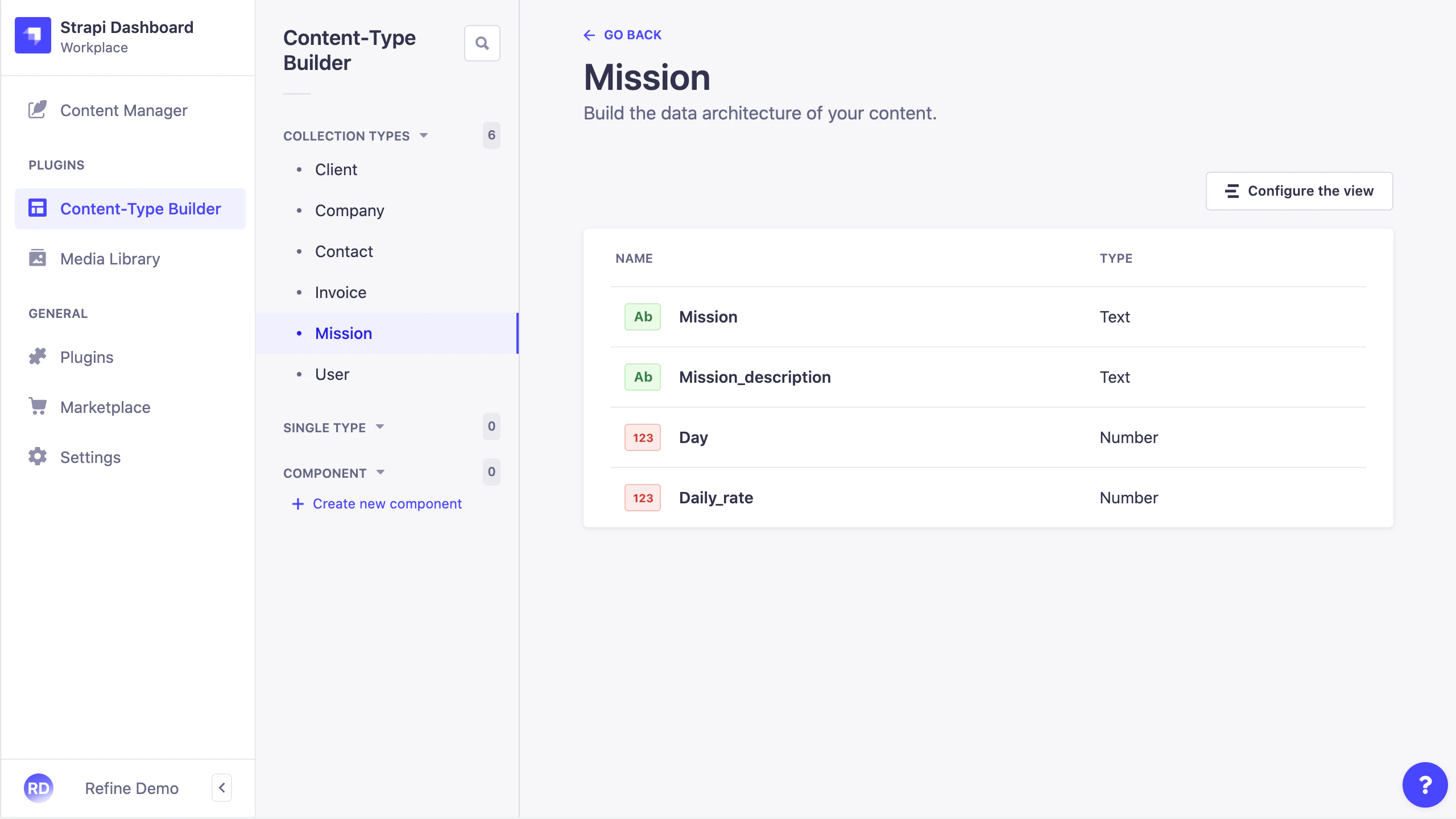 Strapi missions collection type structure