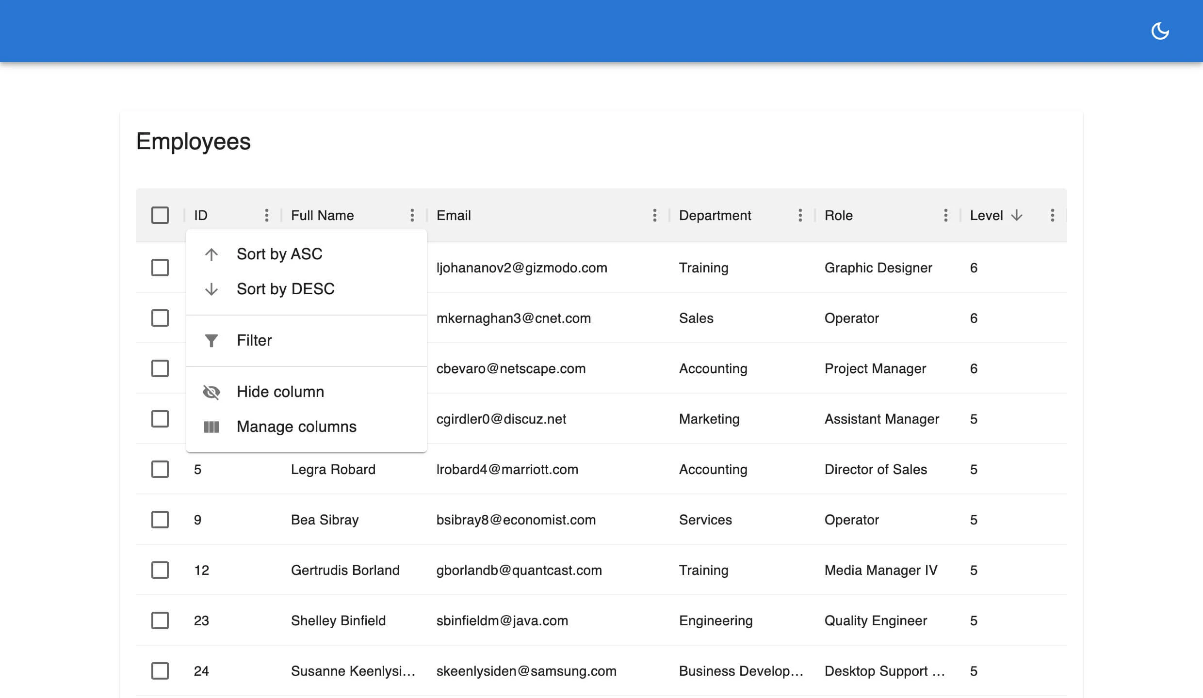 DataGrid column filter menu