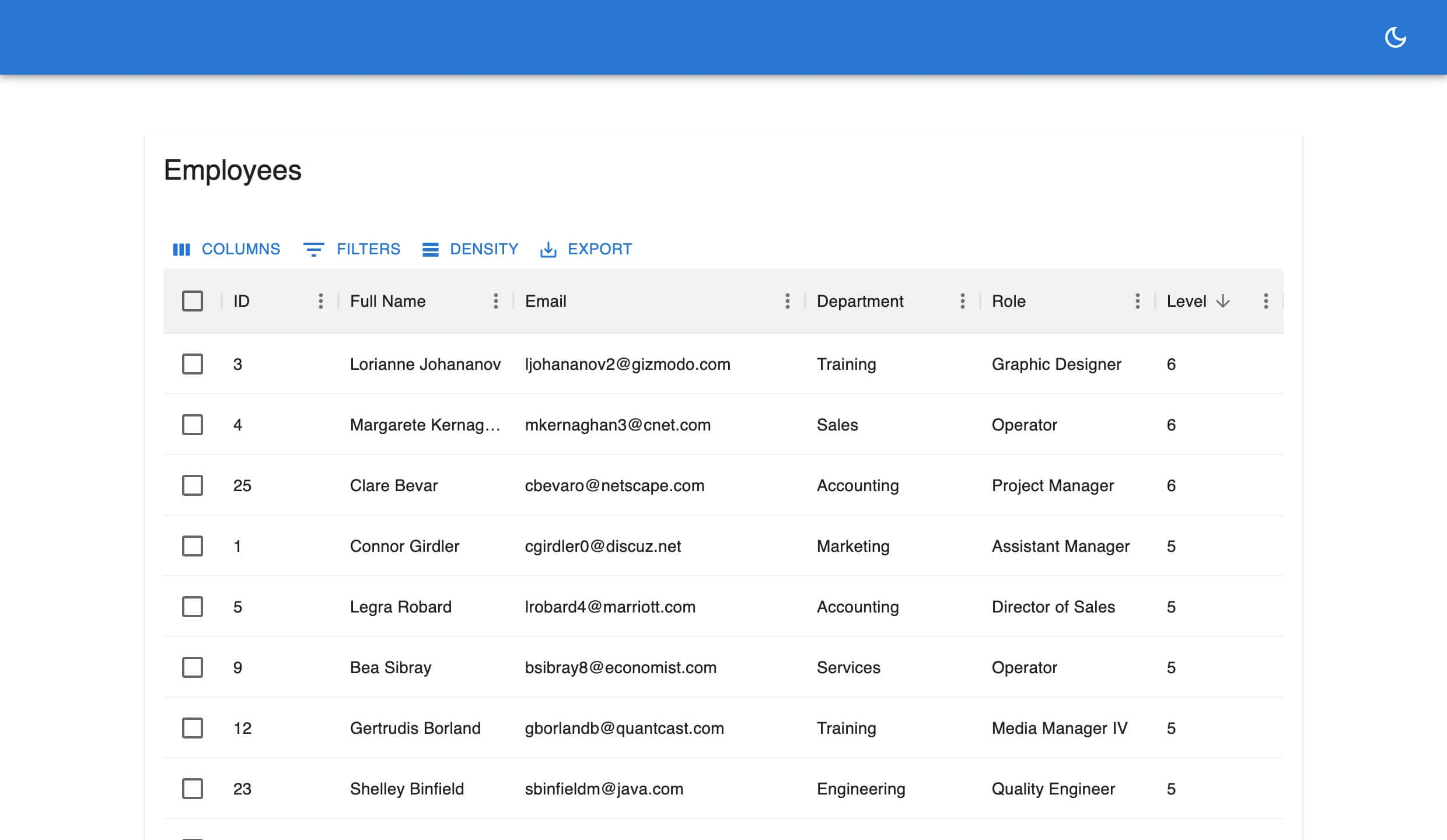 DataGrid toolbar filter panel