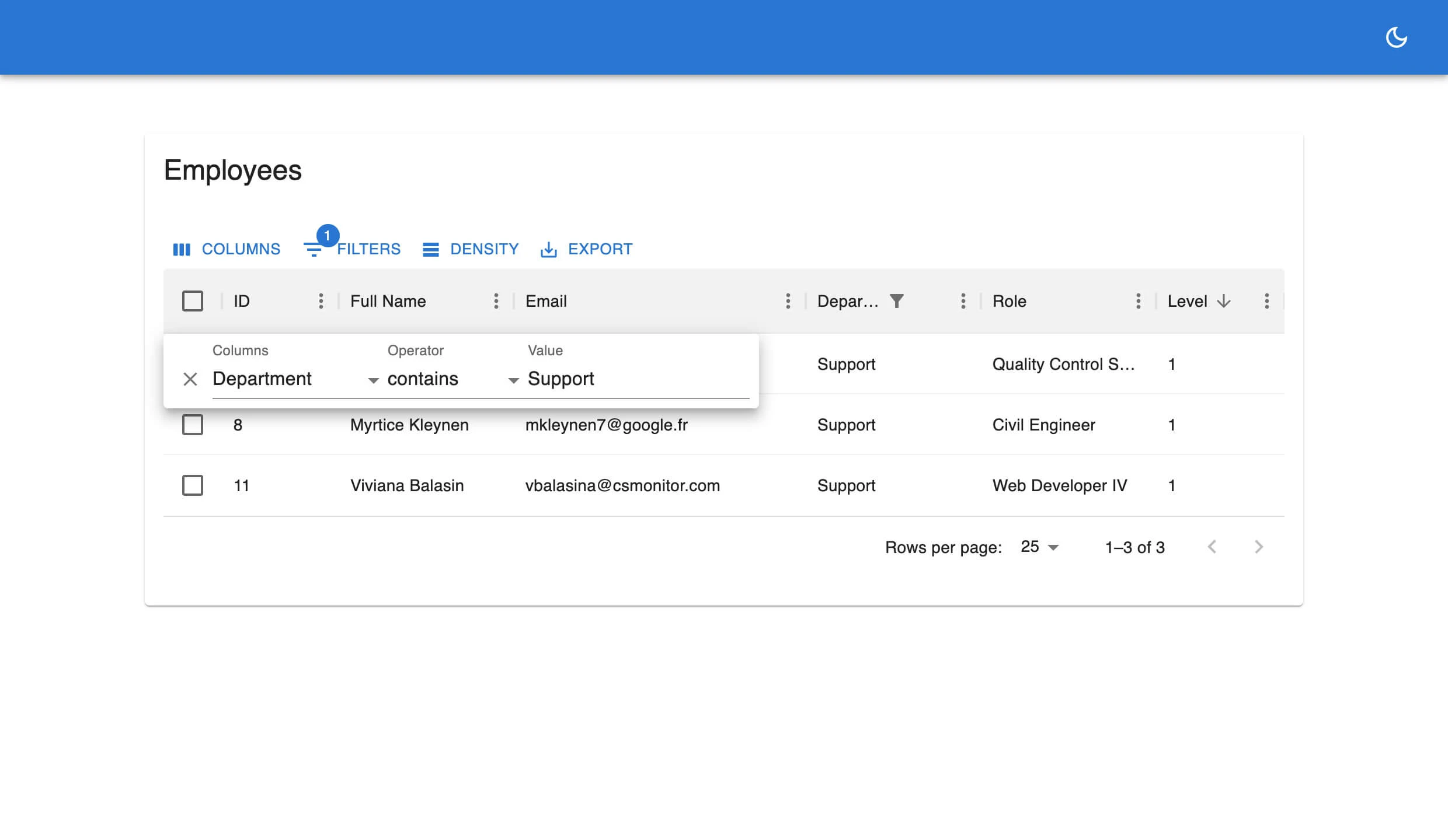 Filter by department value