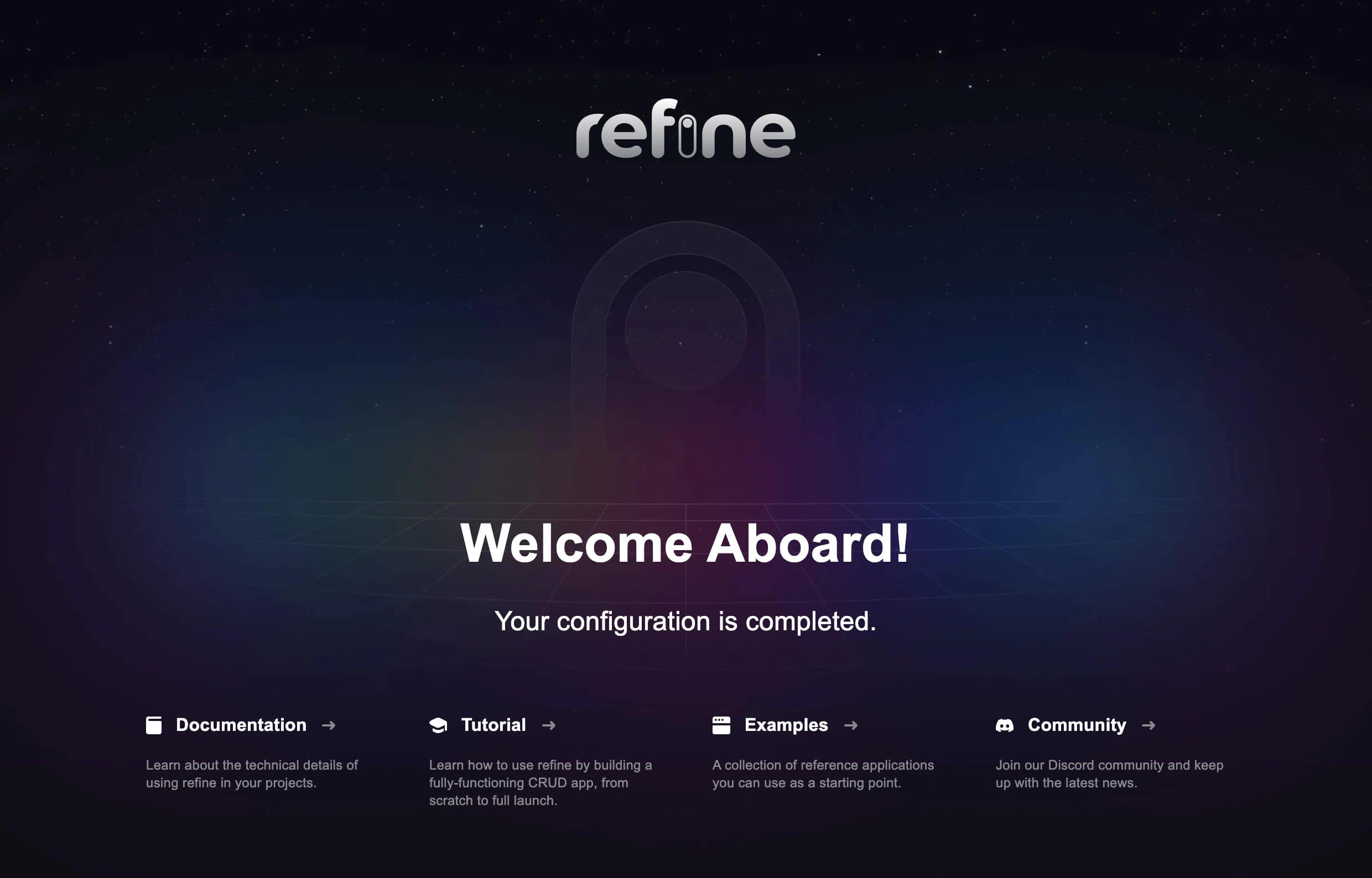 Refine app welcome page