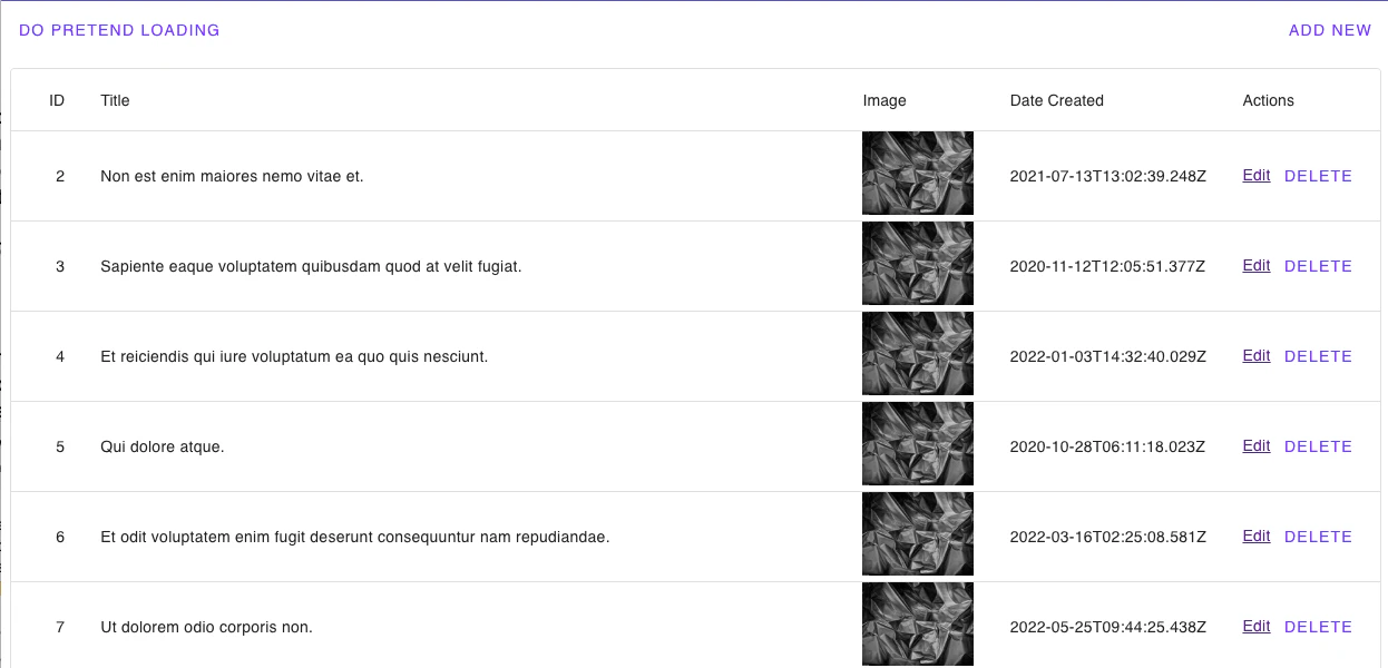 Blog posts table listing