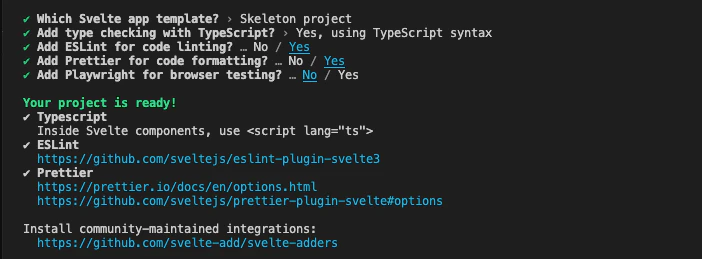 SvelteKit CLI setup prompt in terminal