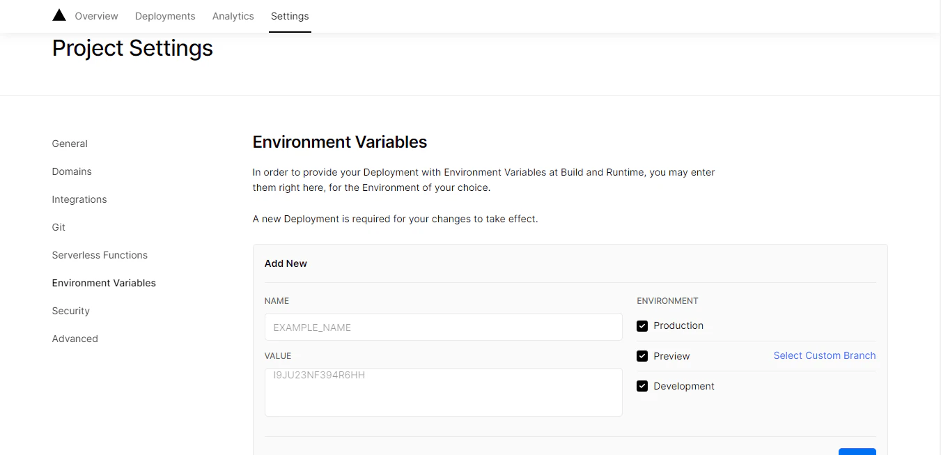 Deployment settings screen
