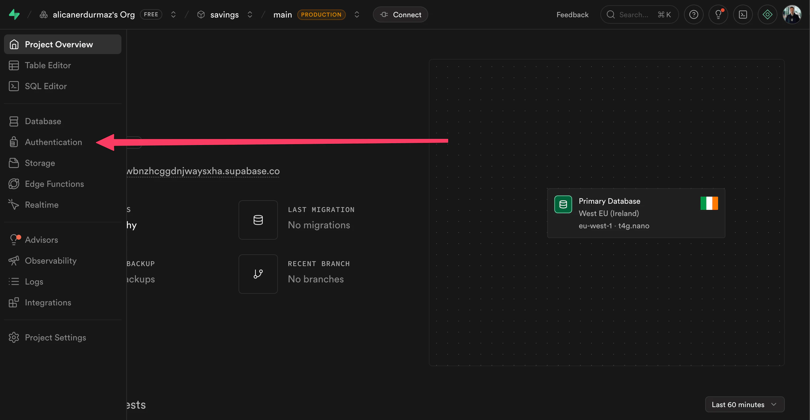 Supabase project settings panel