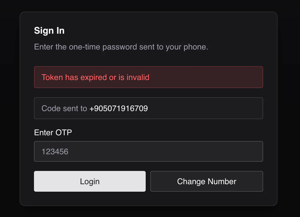 OTP token entry screen
