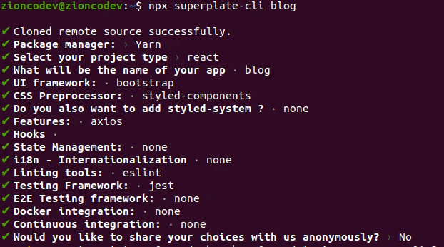 Superplate CLI configuration prompt