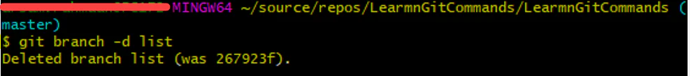 Terminal output for deleting a local Git branch