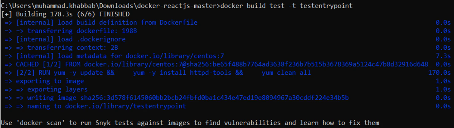 Docker build output for the entrypoint example
