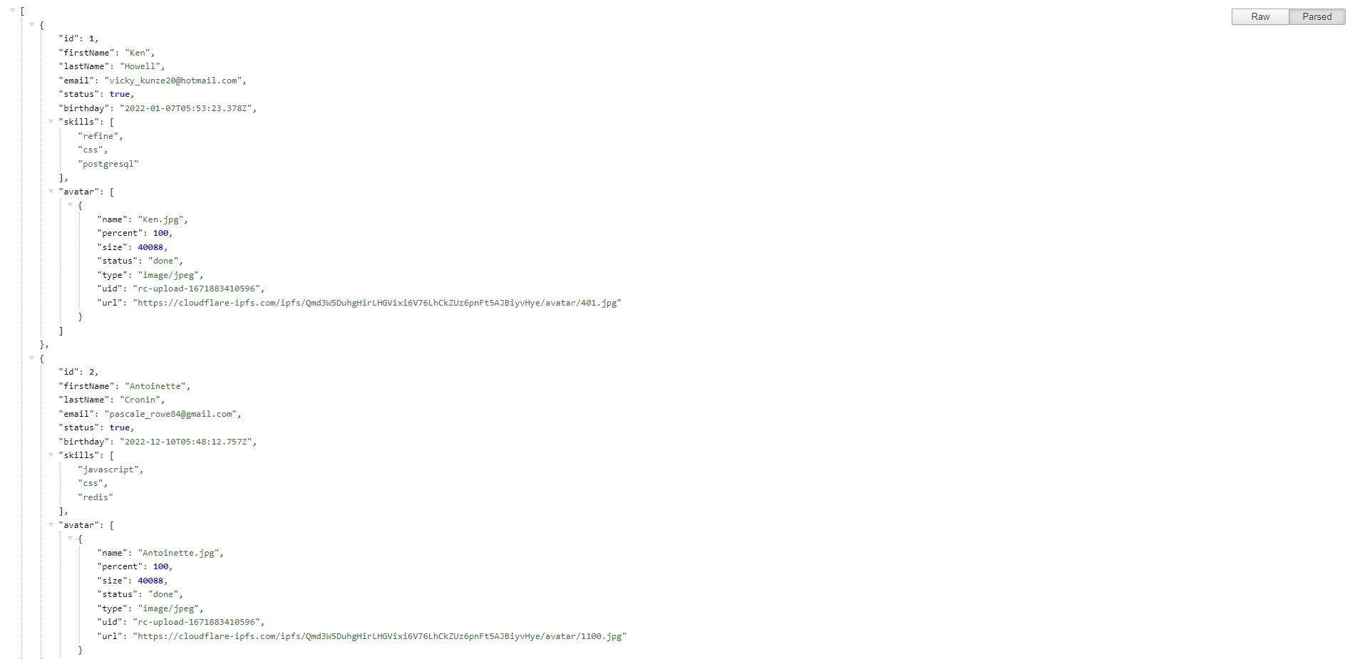 Sample JSON data for the API