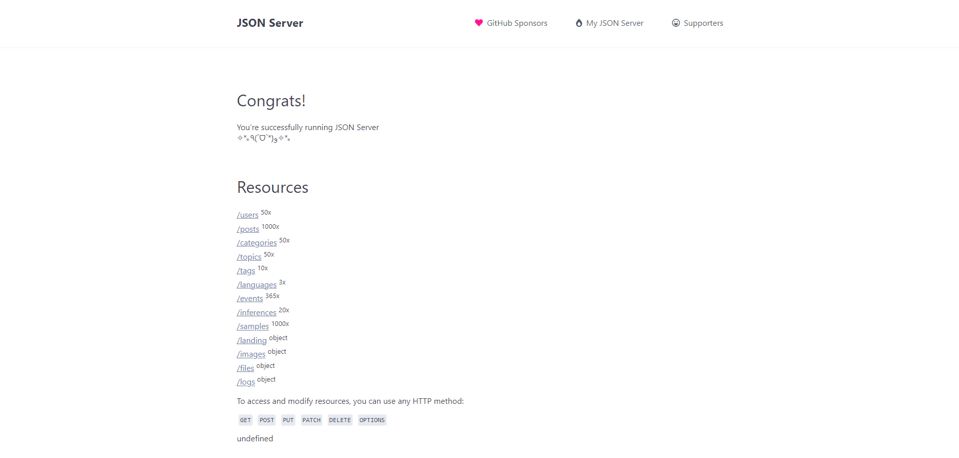JSON Server setup output