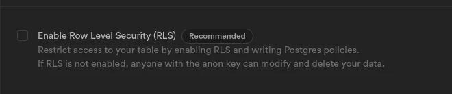 Disable RLS setting