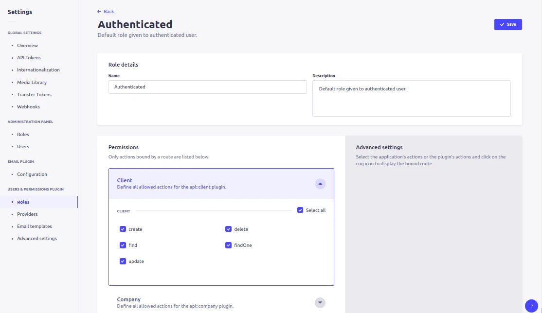 Strapi roles and permissions for authenticated users