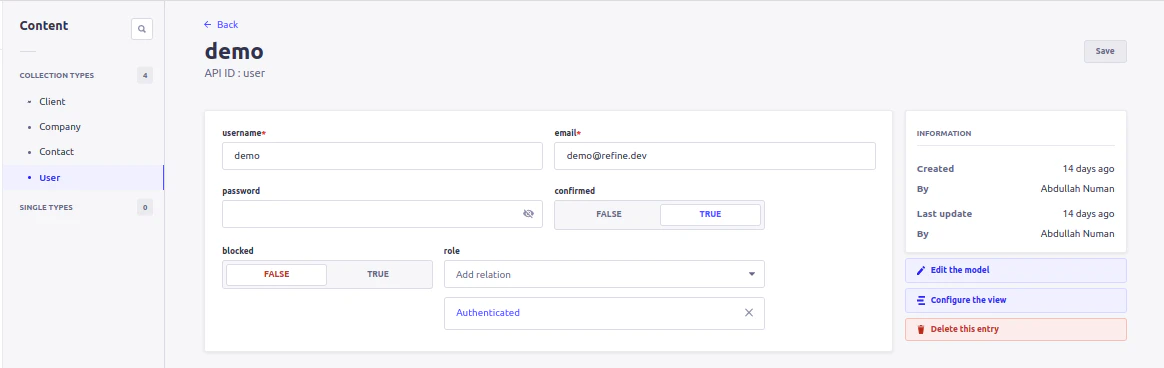 Strapi user creation form with demo credentials
