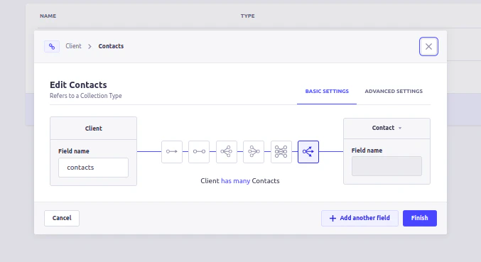 Strapi relation editor for client contacts