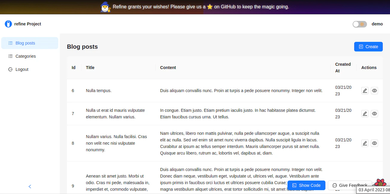 Refine dashboard showing blog posts and categories