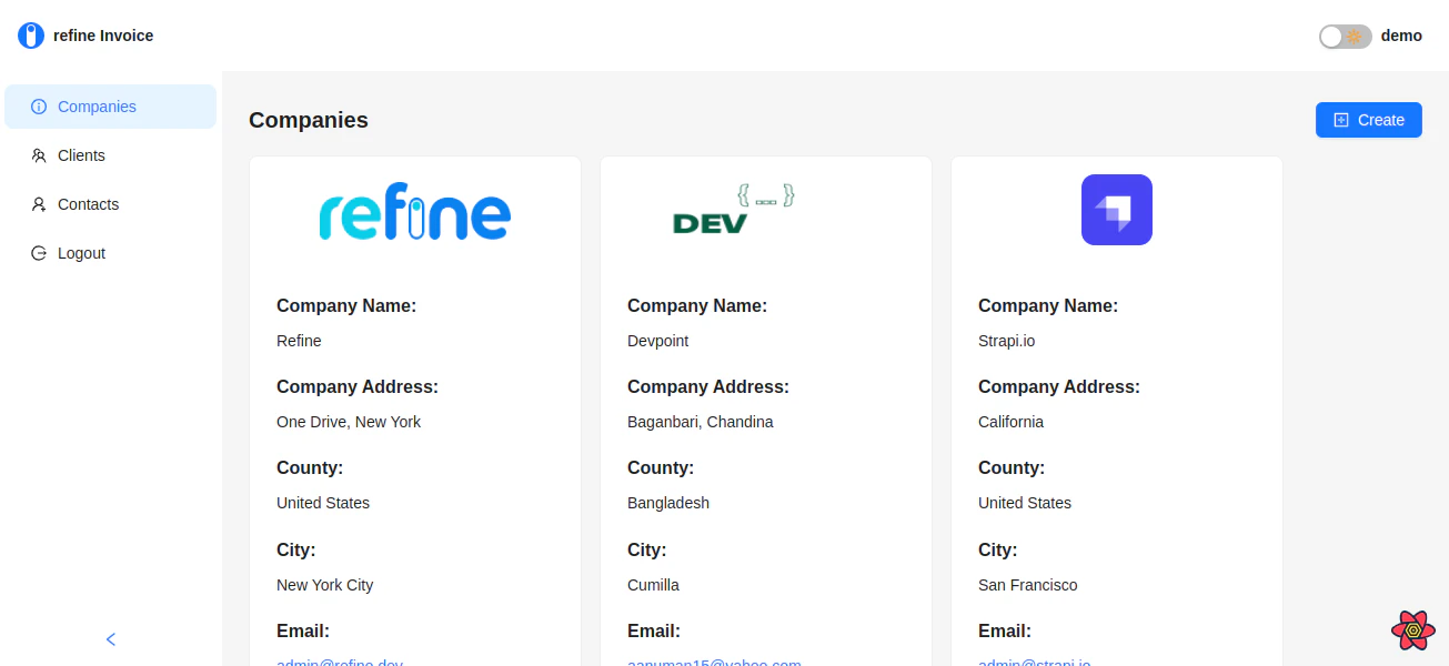 Companies list view in the invoice app