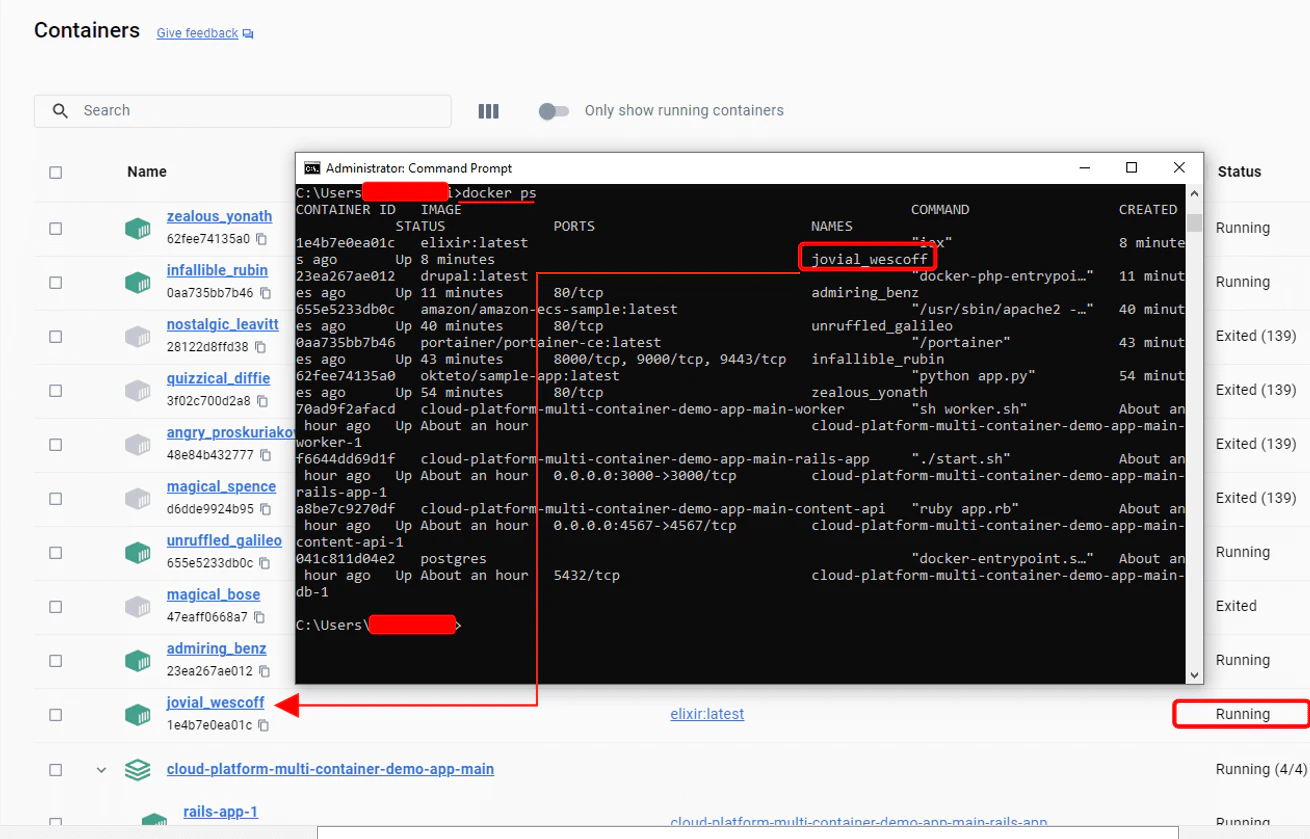 docker ps output showing running containers