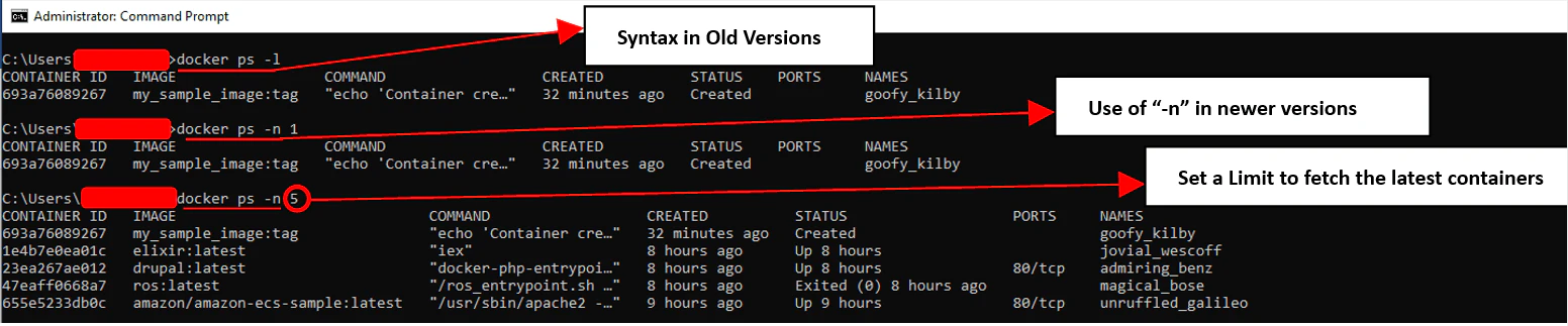 docker ps -n 1 output for latest container