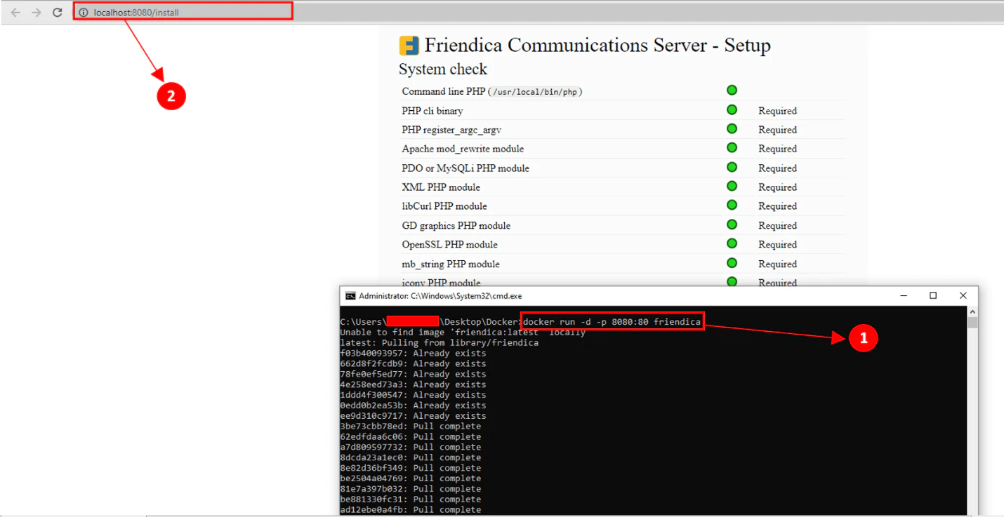 Friendica container in detached mode accessible at localhost:8080
