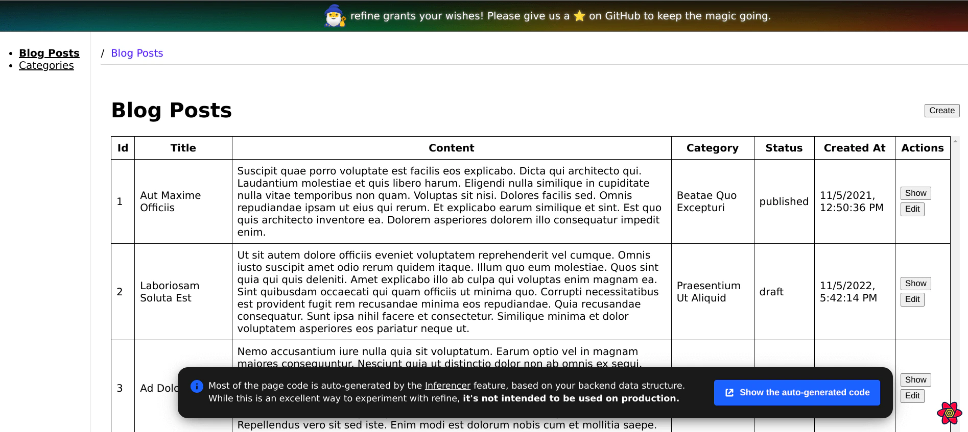 Blog list page with table layout