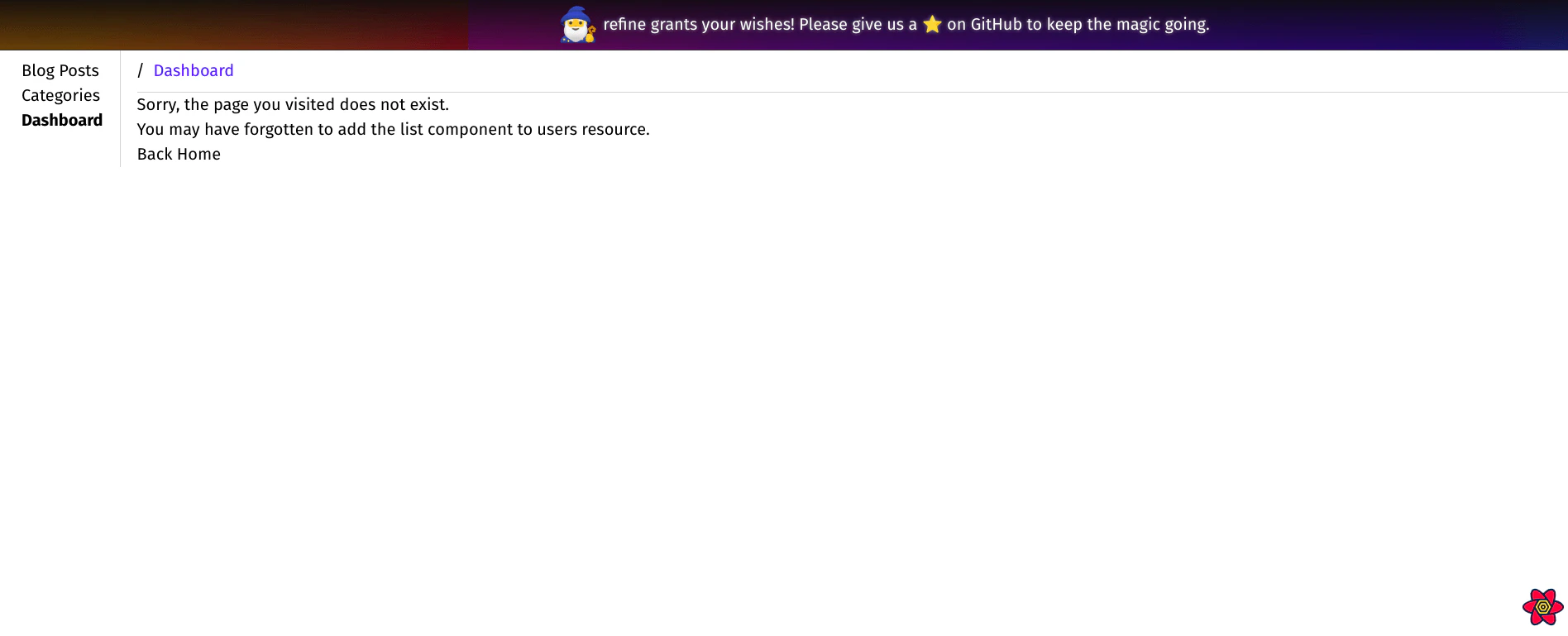 Dashboard error message example