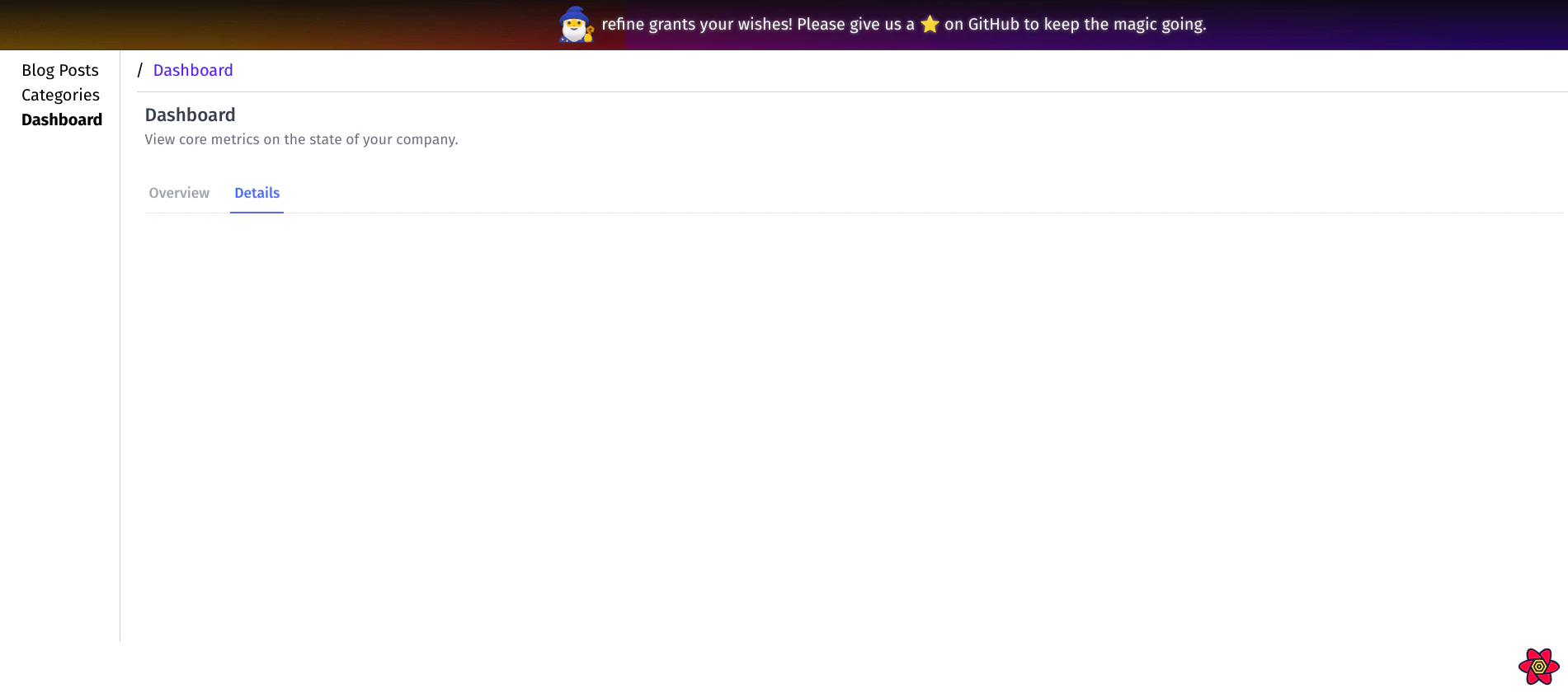 Dashboard details section with charts and tables