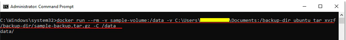 Terminal command restoring a Docker volume from a backup archive
