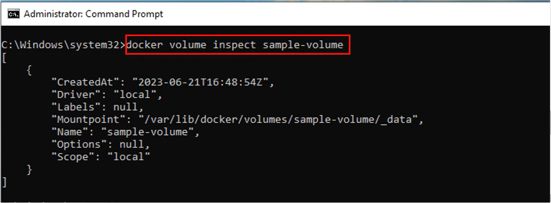 Terminal showing docker volume inspect output