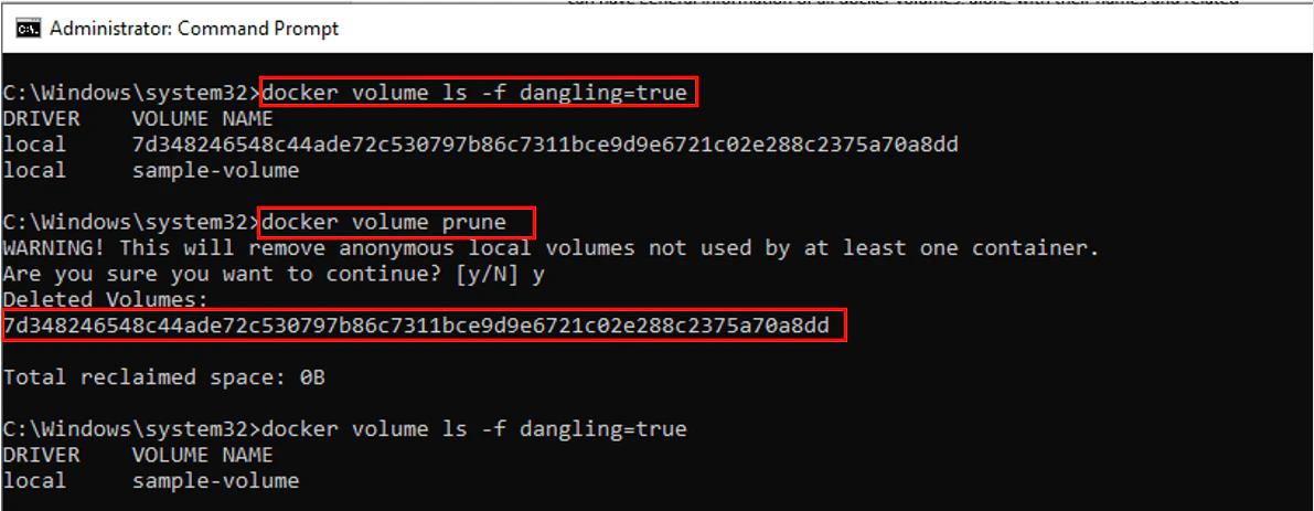 Terminal showing docker volume prune output
