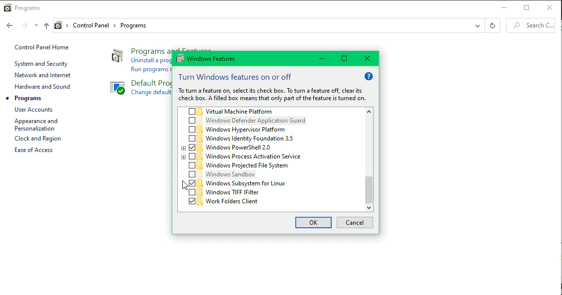 Windows features dialog with WSL enabled