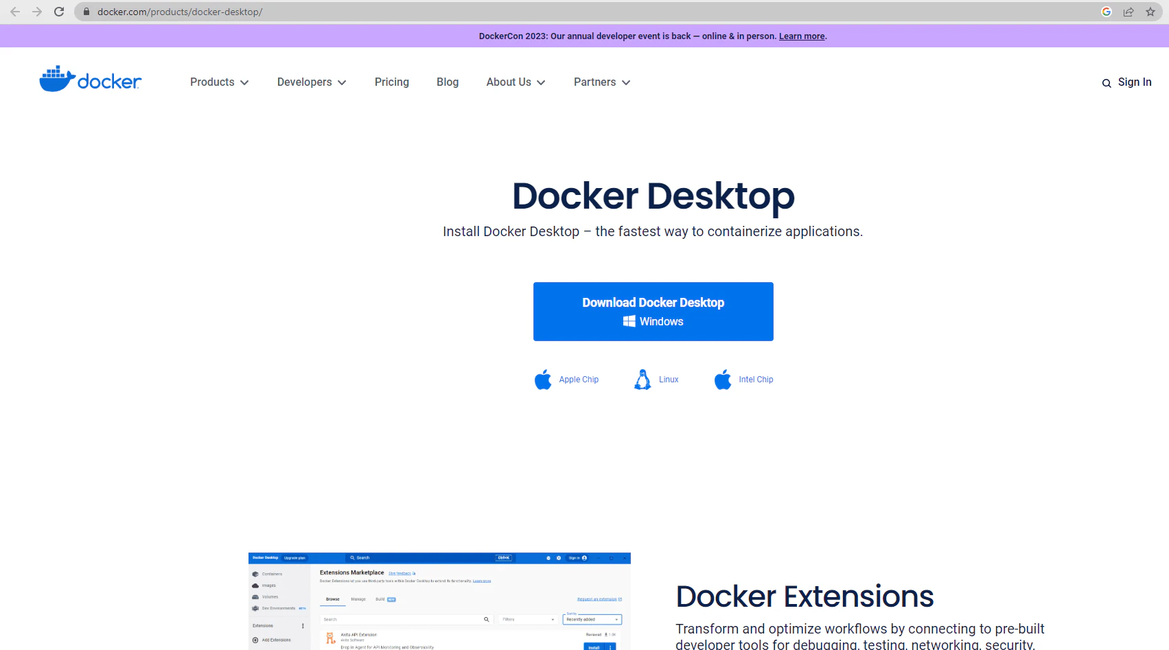 Docker Desktop download page