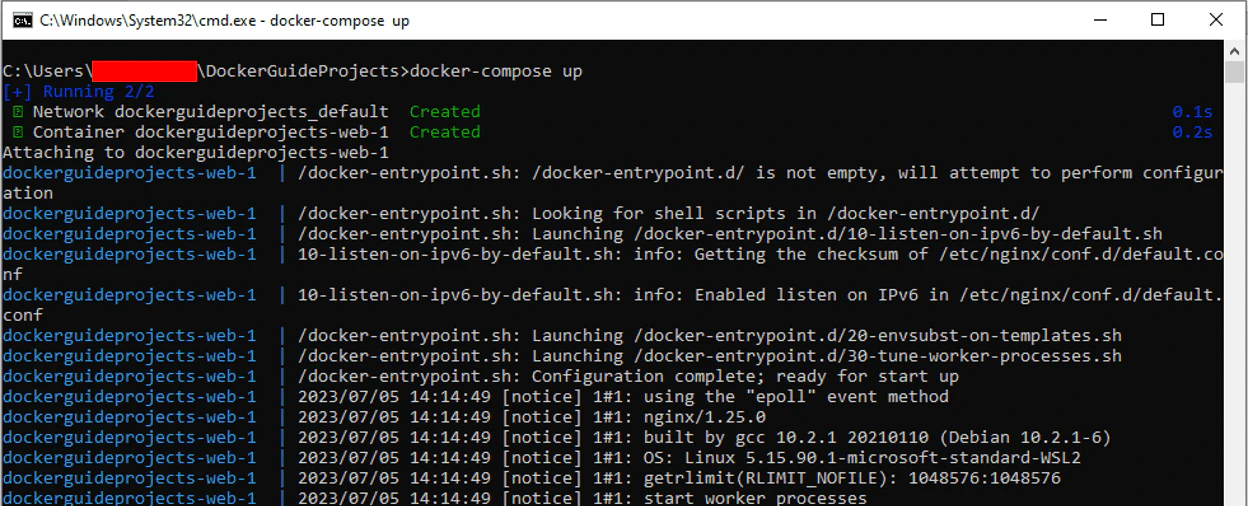 Terminal output for docker-compose up