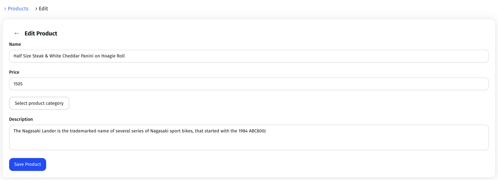 NextUI edit product form