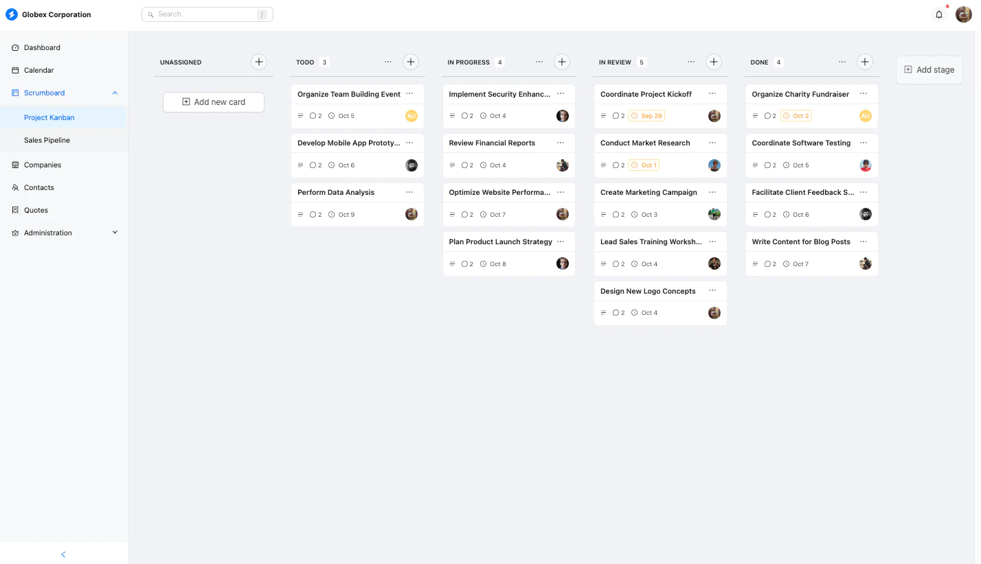 Kanban board with multiple columns showing project tasks and their progress