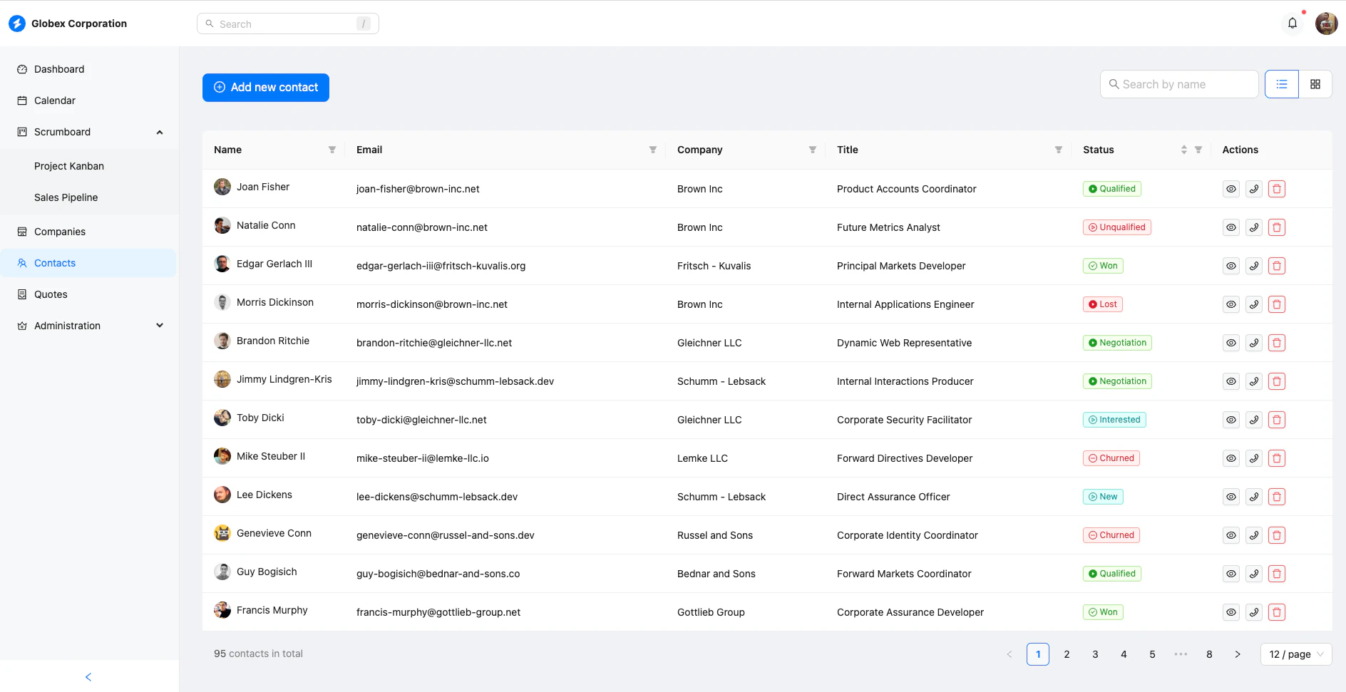 Contacts page displaying individual contact information and interaction history