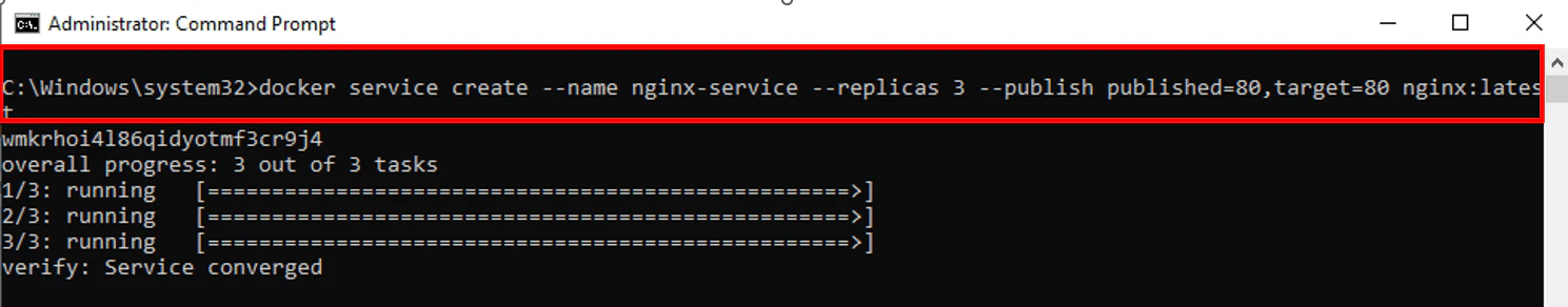Docker service create deploying nginx with 3 replicas