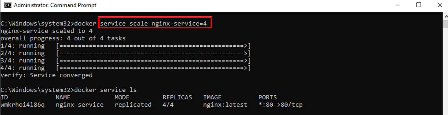 Docker service scale increasing nginx replicas from 3 to 4