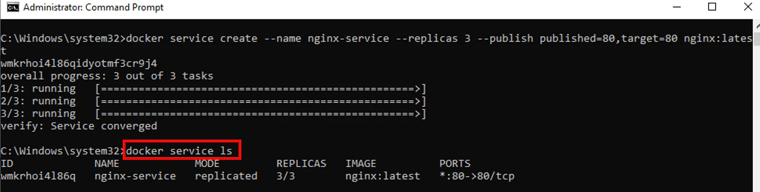Docker service ls showing deployed services and replicas