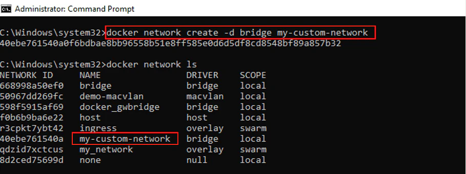 Docker network create establishing custom bridge network