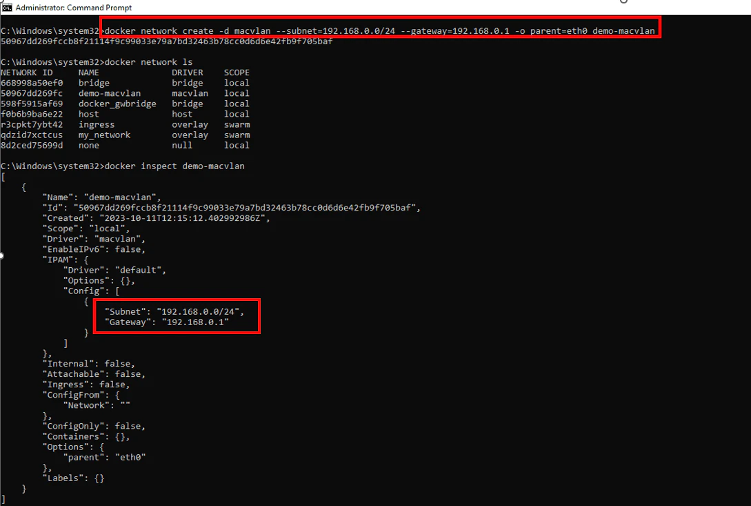 Docker network create macvlan with subnet and gateway configuration