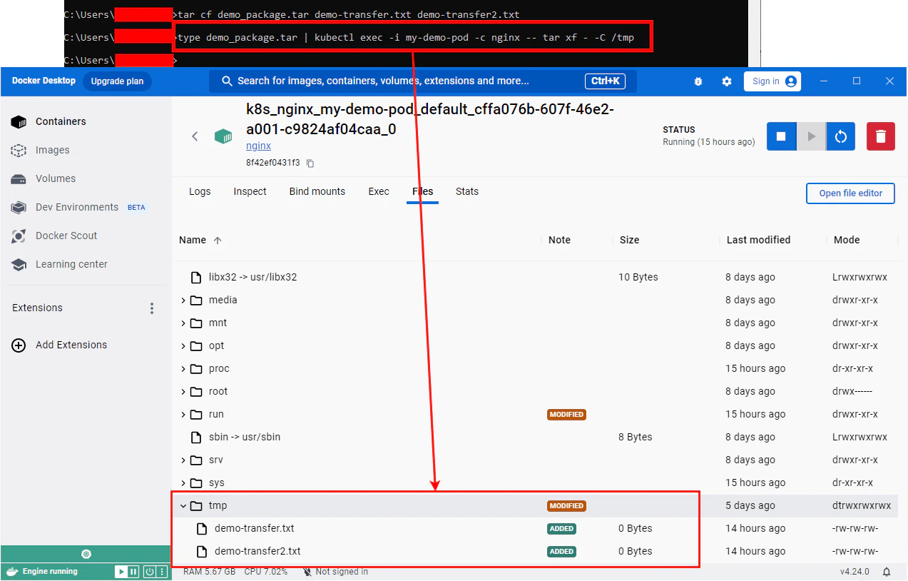 Transferring tarball to nginx container /tmp directory using kubectl exec and tar